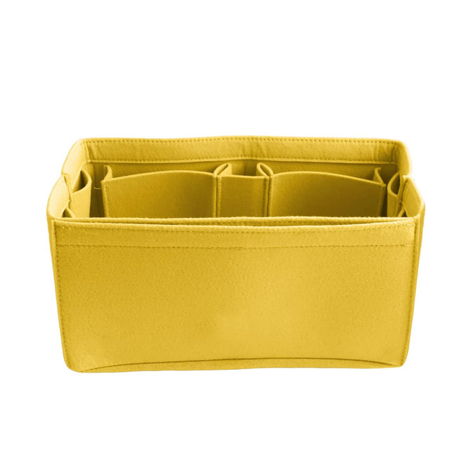 A yellow felt bag organiser with multiple compartments for storage and organisation. It has a simple, soft design.