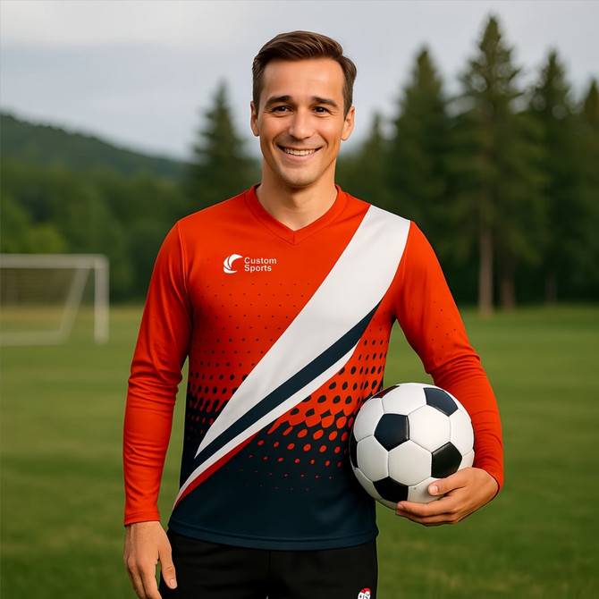 A unisex long-sleeved football jersey in red and navy, featuring a logo and a gradient design, held by a smiling man.