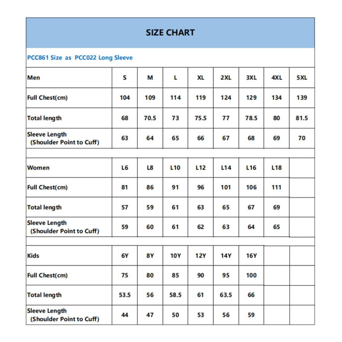 A size chart displaying measurements for men's, women's, and kids' long sleeve shirts in various sizes.