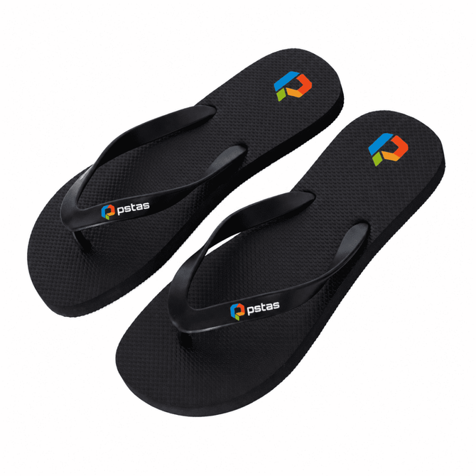 Black rubber thongs with textured soles and a logo on each strap.