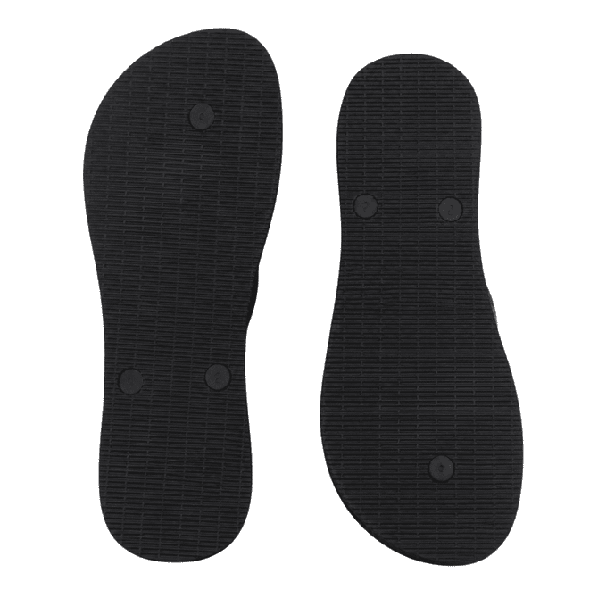 Black rubber thongs with a textured sole pattern, featuring a logo on the footbed.