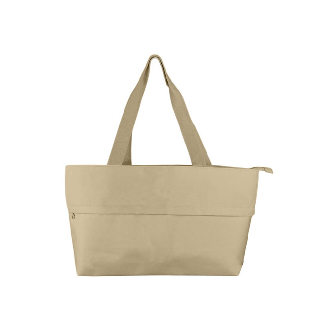 A beige extendable shopping bag with two handles and a zipper closure, featuring a logo on the side.