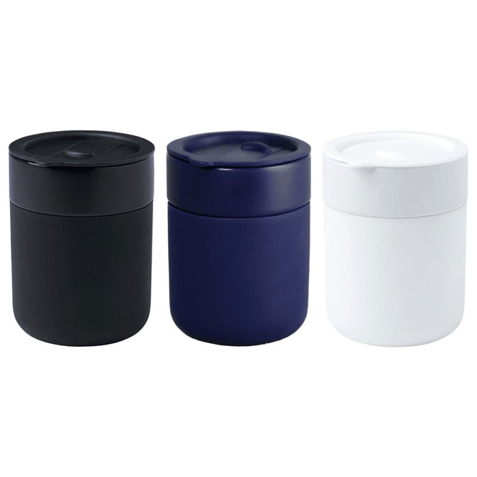 A drink bottle set featuring three ceramic tumblers in black, navy, and white, each with a silicone wrap and a lid.
