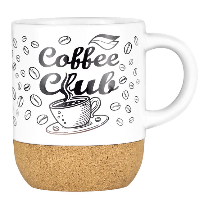 A ceramic mug with a white body and cork details, featuring a coffee cup design and a logo.