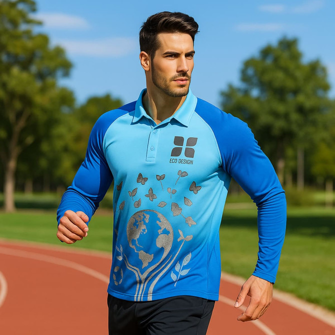 A unisex, long-sleeved polo in blue and light blue with a logo and a nature-themed graphic design.