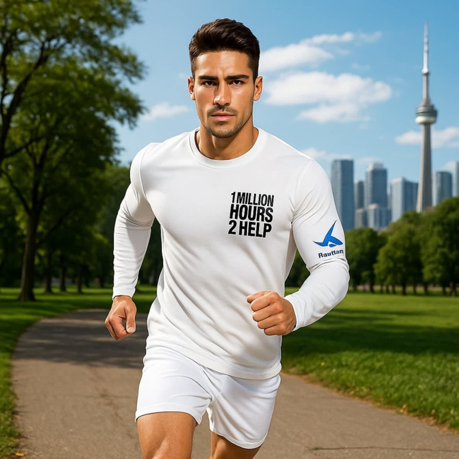 A man wearing a white long-sleeve crew neck shirt runs outdoors, with a city skyline and tower in the background.