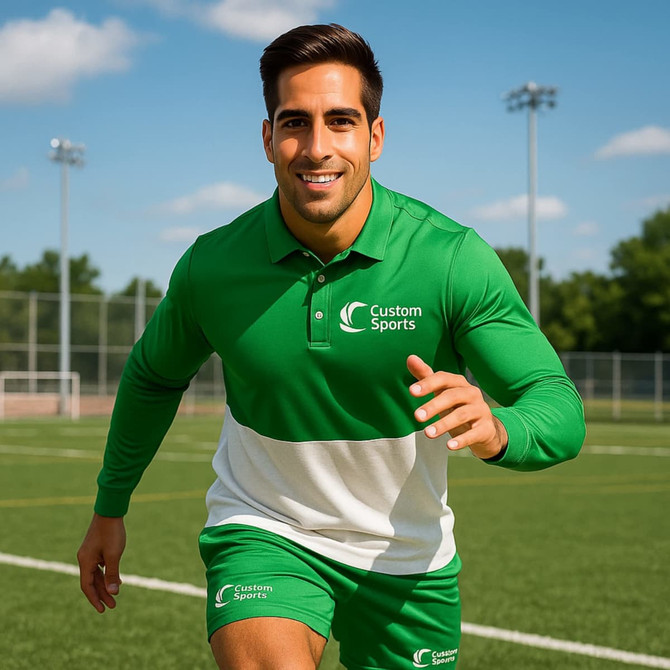 A model wearing a green and white long-sleeve polo shirt, with a logo on the chest, running on a sports field.