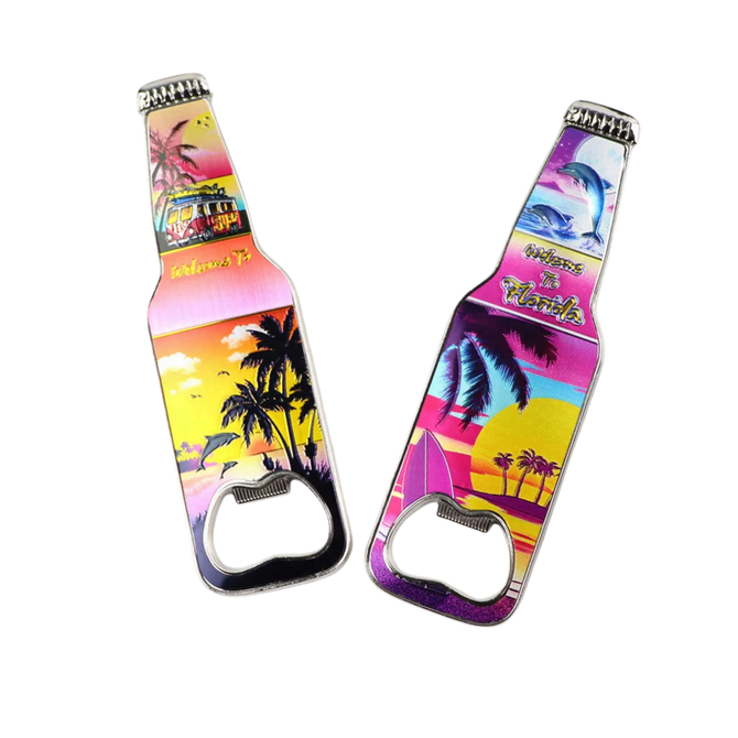 A drink bottle opener in a bottle shape featuring a colourful sunset design with palm trees and dolphins, adorned with a logo.
