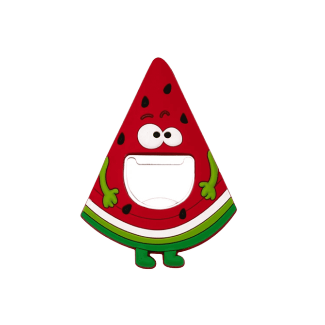 A drink bottle opener in the shape of a watermelon, featuring bright red, green, and white colours with a smiling character.
