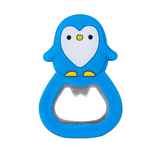 A drink bottle opener shaped like a blue penguin, featuring a white belly and a silver bottle opening edge.
