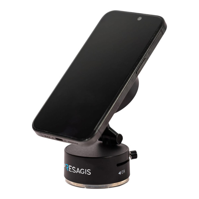 A black vacuum suction magnetic phone stand with a smartphone attached, designed for stability and convenience.