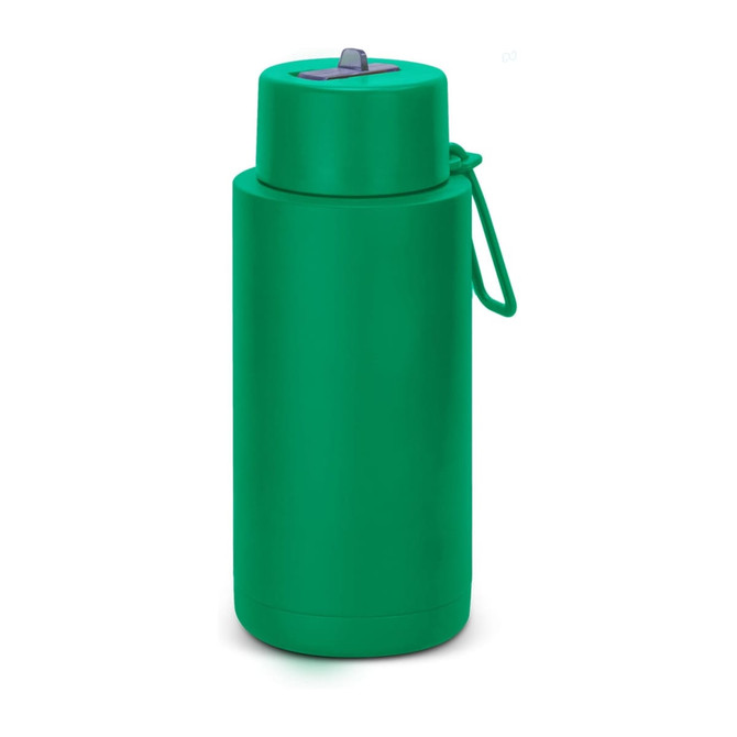 A drink bottle in a vibrant green colour with a secure lid and a carrying strap. It features a logo.
