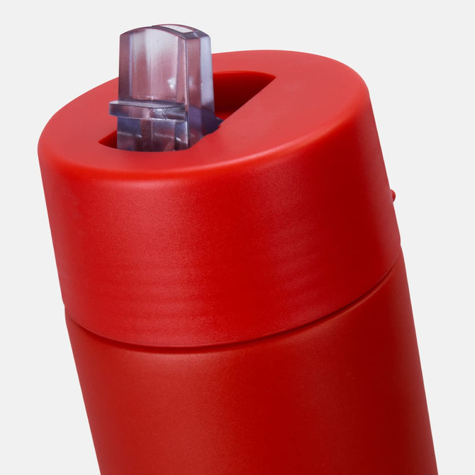 A drink bottle in vibrant red with a clear, flip-top opening and a sleek design. It features branding.
