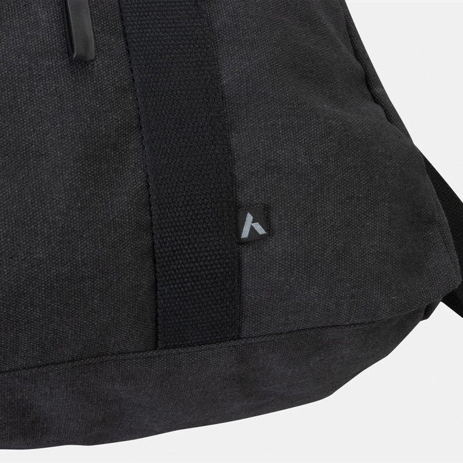 A black canvas duffle bag featuring a textured fabric and a small logo.