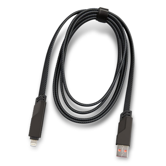 A black universal charging and data cable with a braided design and separate connectors on each end.