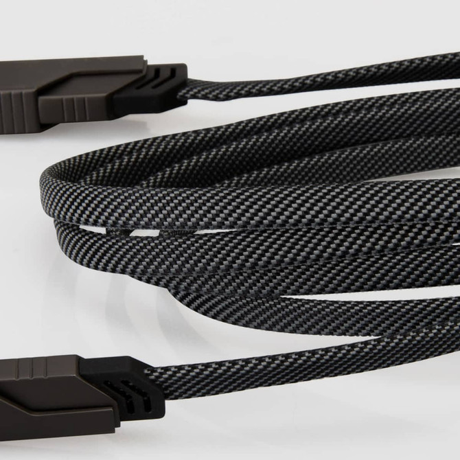 A black and grey braided charging and data cable with connectors at each end, featuring a logo.
