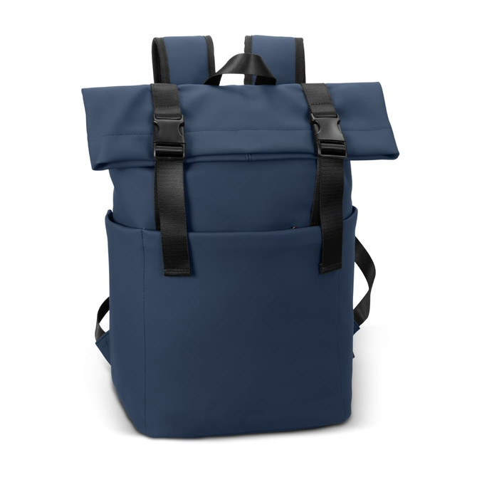 A navy blue flap backpack with adjustable straps and a front pocket, featuring a branding logo.