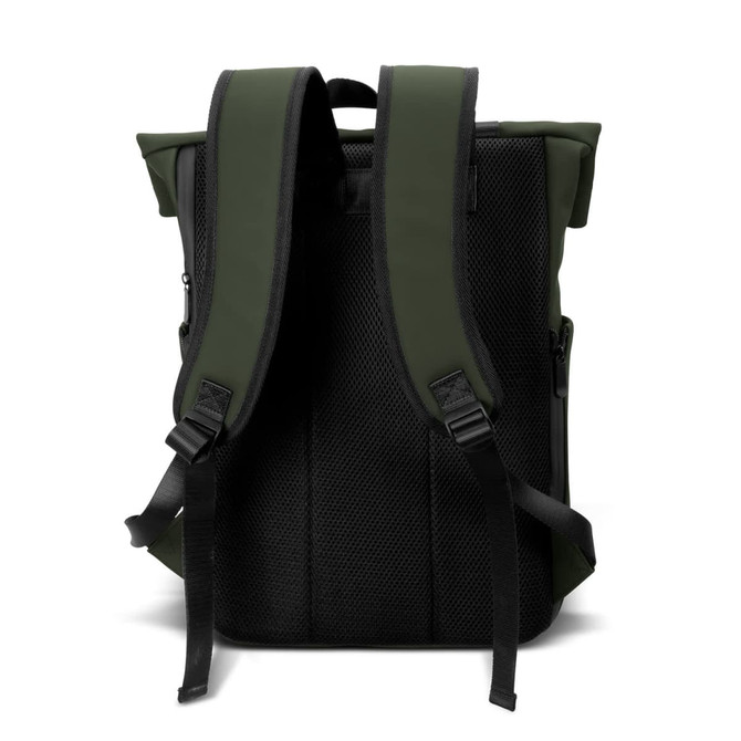 A green and black soft-touch flap backpack with padded shoulder straps and a mesh back panel.