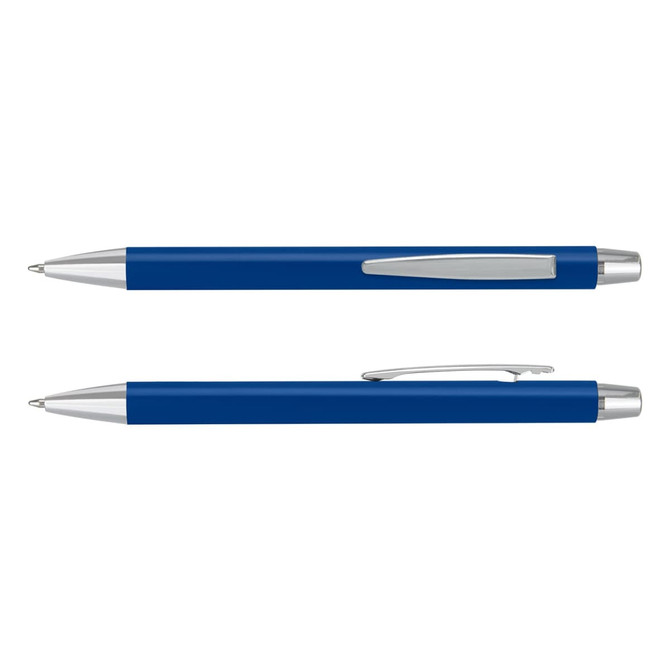 A blue laser cut logo pen with silver accents, featuring a sleek design and a clip.