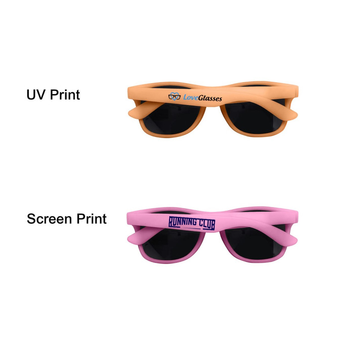 Colour changing sunglasses in orange and pink frames with dark lenses, featuring different print styles and a logo.