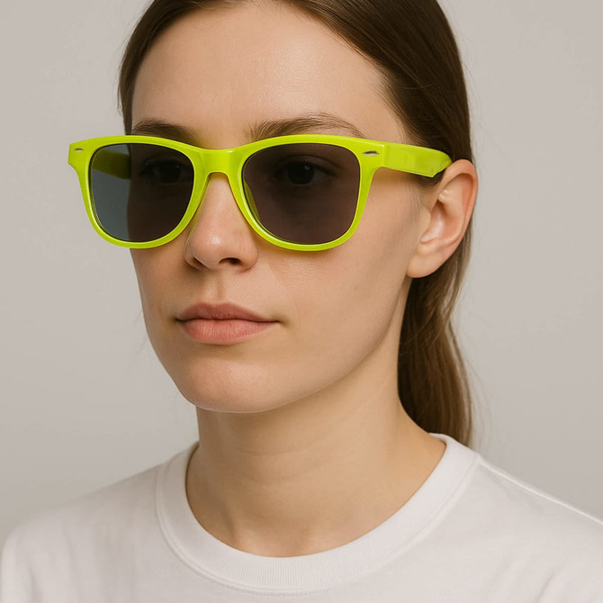 Bright yellow glow-in-the-dark sunglasses with dark lenses, worn by a model against a neutral background.