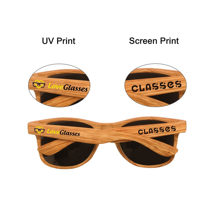 Wooden sunglasses featuring a natural wood finish and black lenses, with branding on the sides.