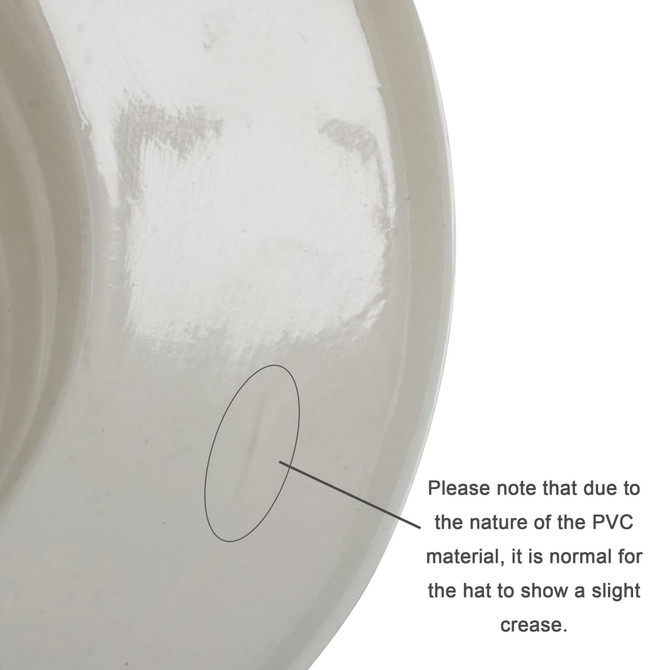 A PVC safari hat in a glossy white finish, featuring a slight crease due to the material, with a logo present.