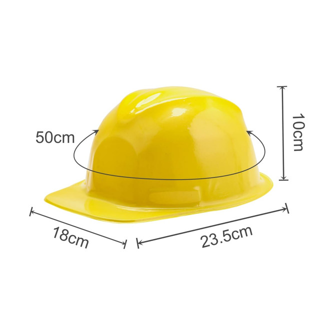 A yellow Mini PVC construction hat with a shiny finish, measuring 50 cm in circumference and 10 cm in height.