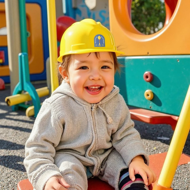 A child wearing a bright yellow mini PVC construction hat, smiling and sitting on a play structure outdoors.