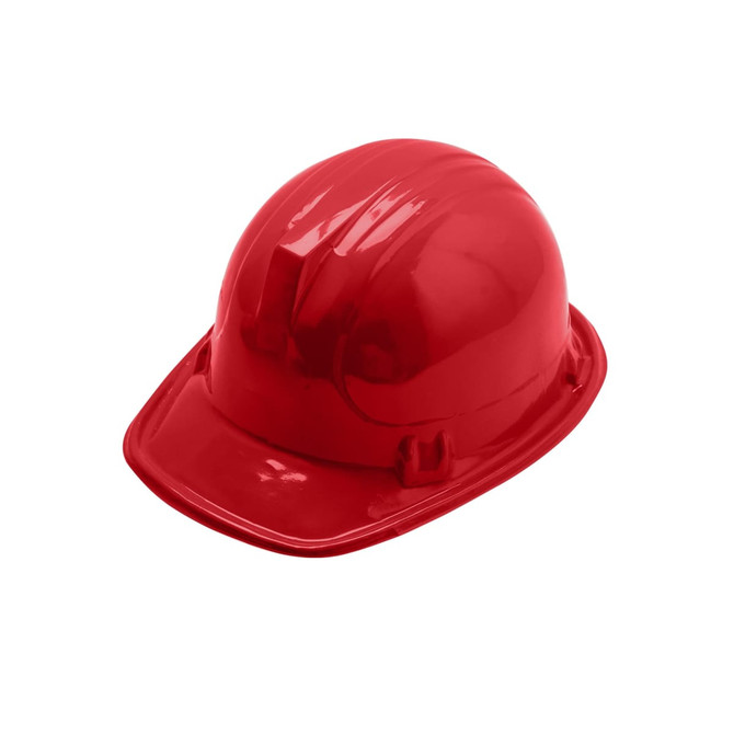 A red PVC construction hat with a glossy finish, featuring a simple design and a small logo.