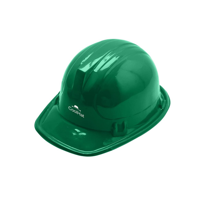 A green PVC construction hat with a glossy finish and a logo on the side.