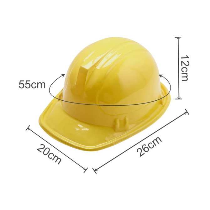 A yellow PVC construction hat with measurements of 55cm, 20cm, and 26cm displayed on a white background.