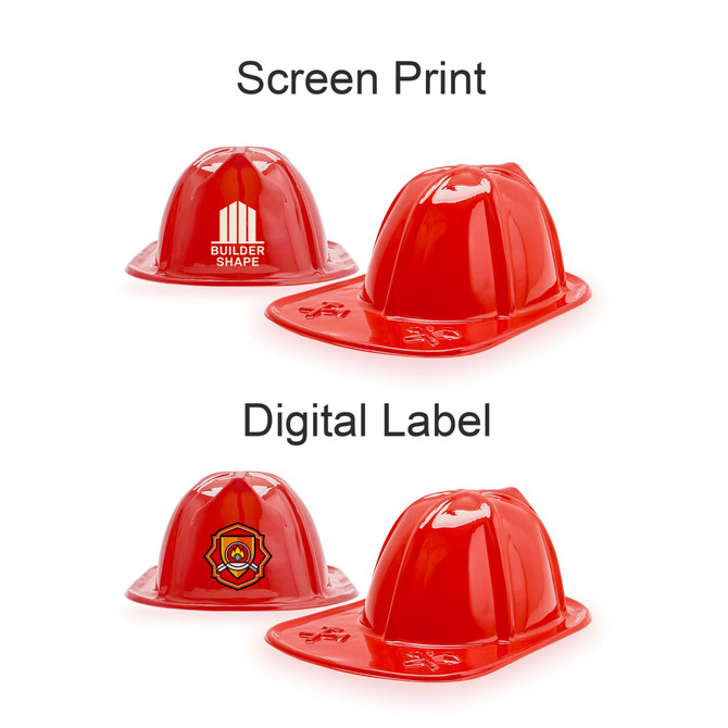 A red PVC fire chief hat with a glossy finish, featuring different branding options on two hats.
