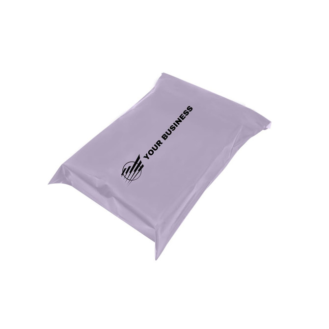 A purple self-sealing plastic mailing bag featuring a logo and branding for business use.