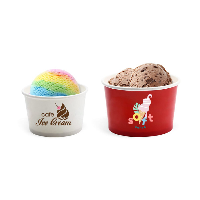 Two gelato cups in white and red, filled with rainbow and chocolate ice cream, featuring logos.