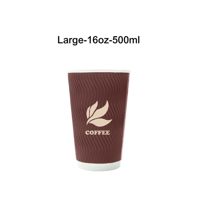 A large, 16oz, brown corrugated paper cup with a white interior, featuring a leaf design and branding.