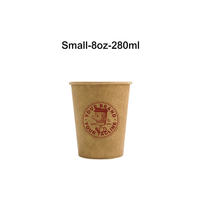 A small, 8-ounce compostable kraft paper cup in brown with a logo on the front.