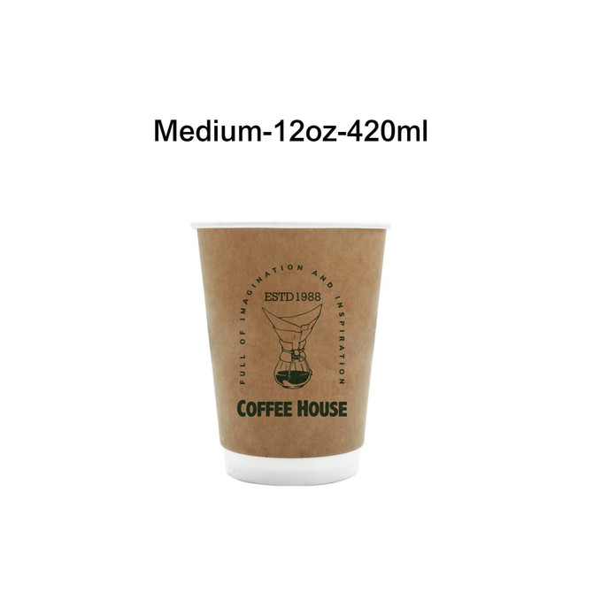 A double wall kraft paper cup in brown with green branding, designed for hot or cold beverages.