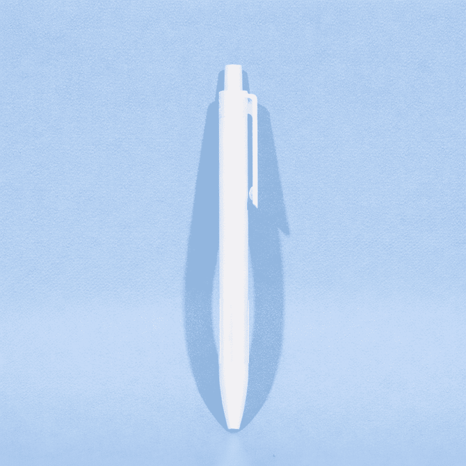 A white plastic ballpoint pen with a clip and a smooth, sleek design against a light blue background.