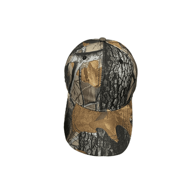 A six-panel cap in true timber camouflage with shades of brown and green, featuring a branding logo.