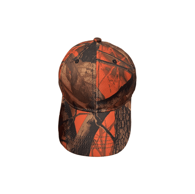 A six-panel cap in True Timber camouflage featuring earthy tones with orange accents and a curved peak.