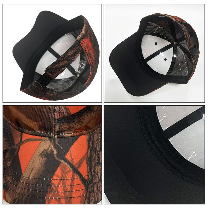 A camouflaged cap featuring shades of brown, orange, and black, with a logo and a structured design.