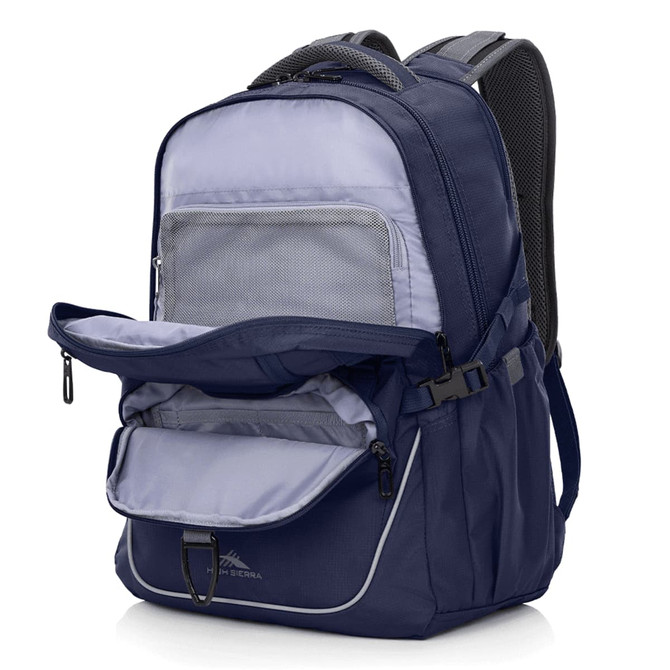 A navy blue backpack featuring multiple compartments, including a large front pocket and a logo.