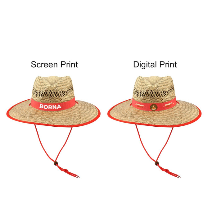A natural straw hat with a wide brim, featuring red bands and adjustable straps. Two printing styles are presented.