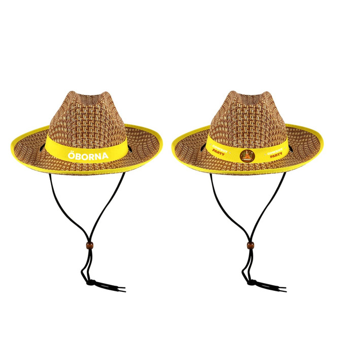 A Western straw hat featuring a woven design, yellow trim, and a chin strap with wooden beads. It has a logo.