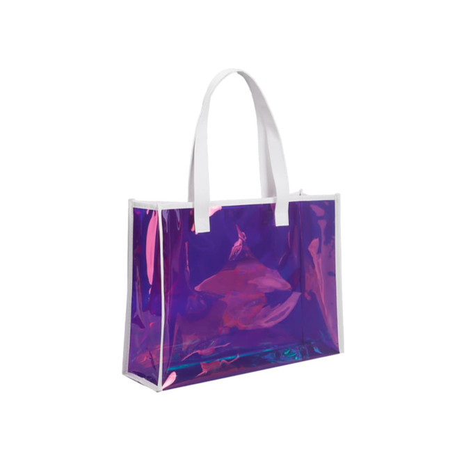 A clear handbag with an iridescent purple finish and white handles, featuring a simple, sleek design.