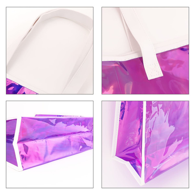 A purple and clear PVC handbag with white straps, featuring a glossy finish and a structured base.