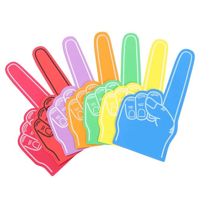 A set of EVA foam supporters' hands in red, pink, purple, orange, yellow, and blue, arranged in a row.
