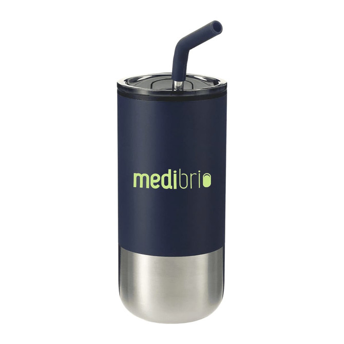 A drink bottle featuring a stainless steel base and a dark navy plastic upper, with a reusable straw and a logo.