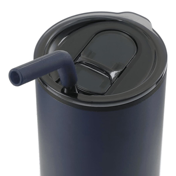 A drink bottle featuring a navy blue design, a lid with a straw, and a logo.